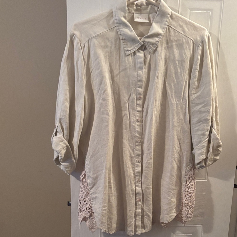 Chico's Cream Linen Blouse with Lace Back